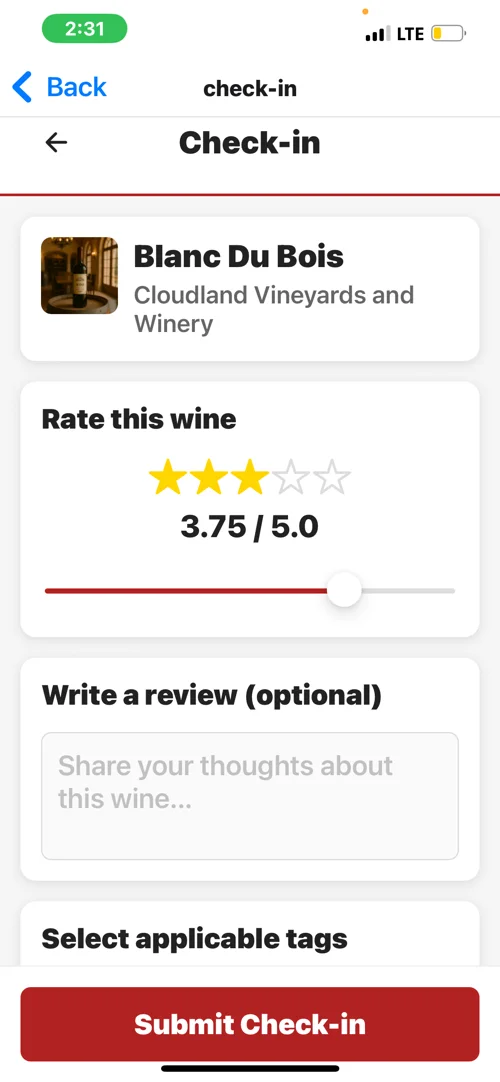 The Wine App check-in screen with wine ratings and space for your tasting notes